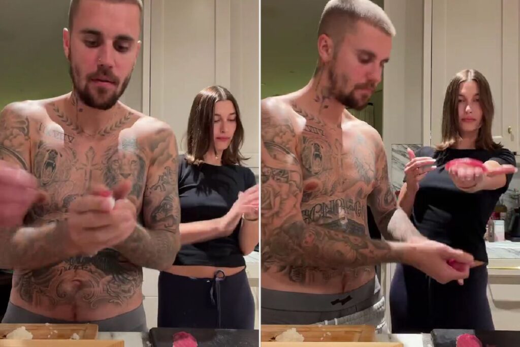 Justin Bieber Makes Sushi While Shirtless with Wife Hailey
