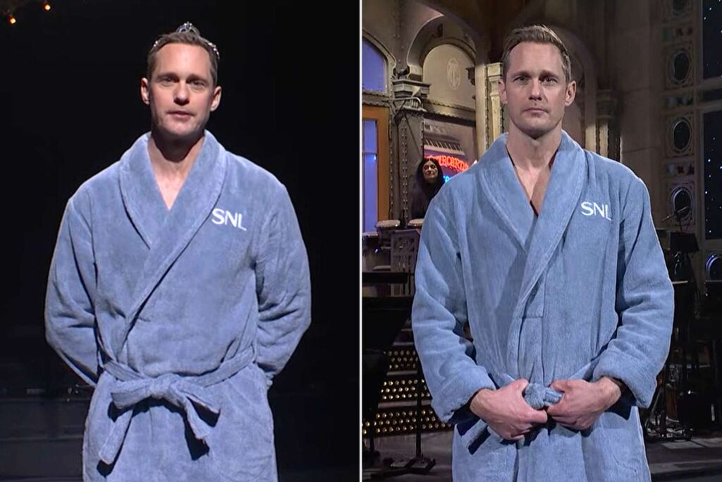 Alexander Skarsgård Wears Bathrobe on ‘SNL,’ Dad Stellan Skarsgård Makes Cameo