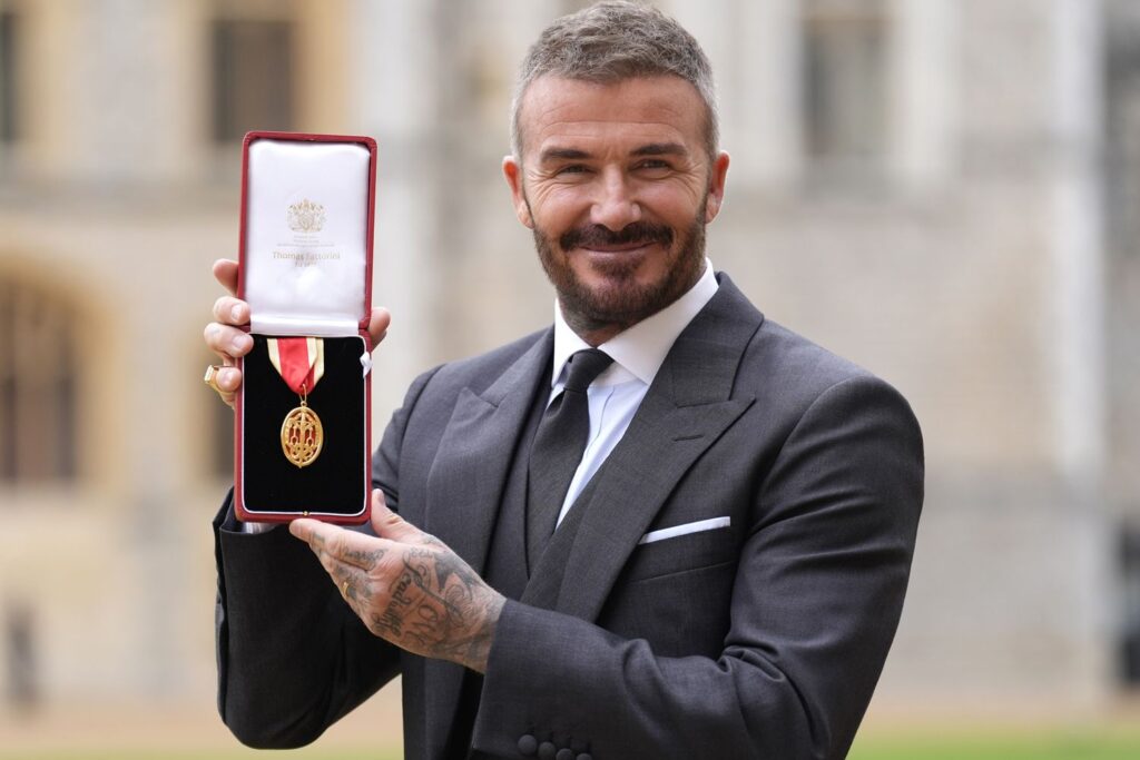 David Beckham Wears First Victoria Beckham Menswear Piece for Knighthood Ceremony