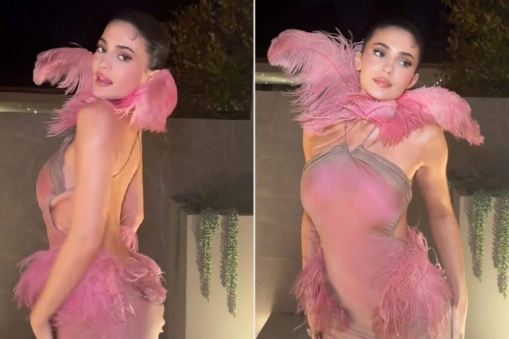Kylie Jenner Glams Up in Backless Feather Dress for Holiday Party